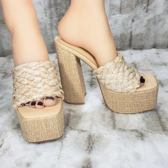 ☆ Cape Robbin Yara Nude Braided Strap High Block Heel Slip On Heeled Sandals - Picture 4 of 15